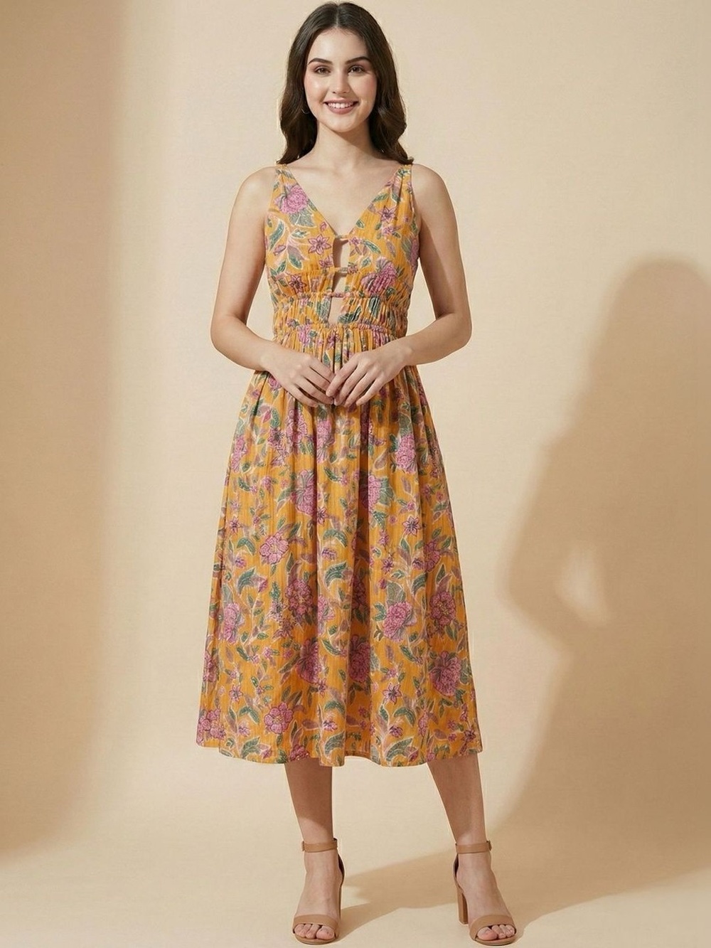 Caroline Constas Mustard Yellow Floral Midi Dress with Pink Blooms